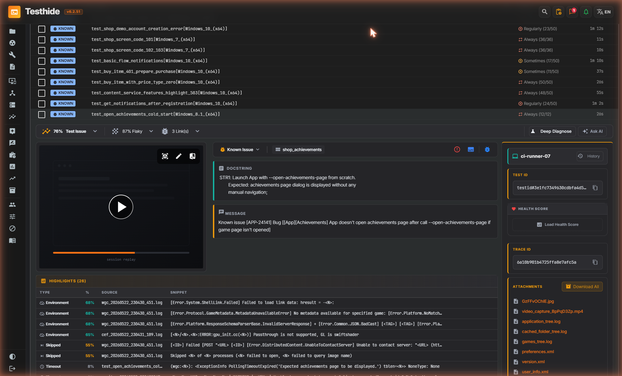 Testhide build report — parsed test results with failures, messages and AI analysis